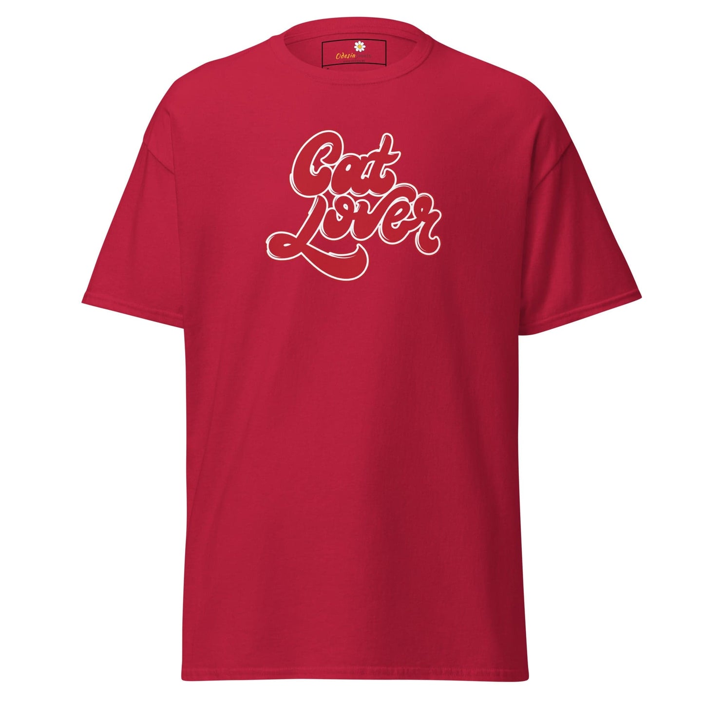 Red T-shirt with Cat Lover text displayed in T-SHIRT DESIGN TEE for men and women S to XL