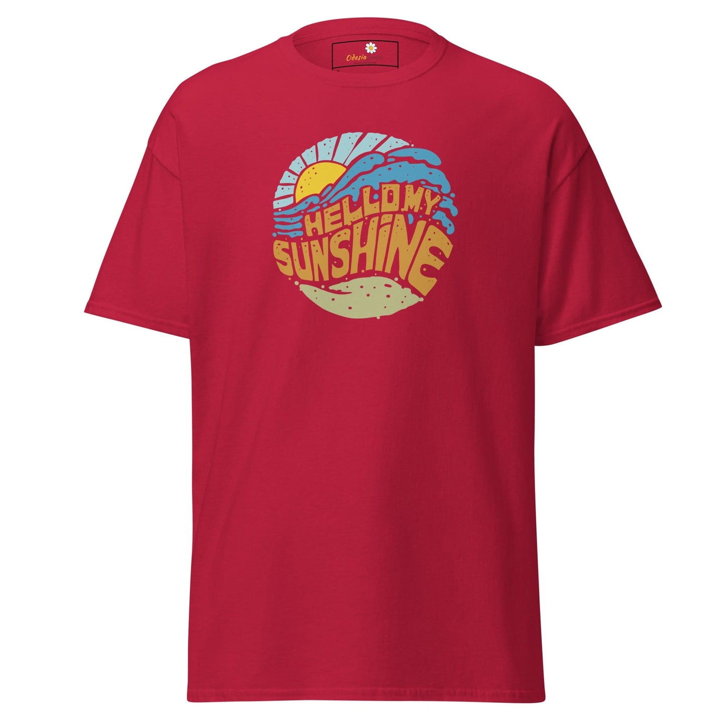 Red T-shirt with beach graphic from T-SHIRT DESIGN TEE for men and women in sizes S to XL