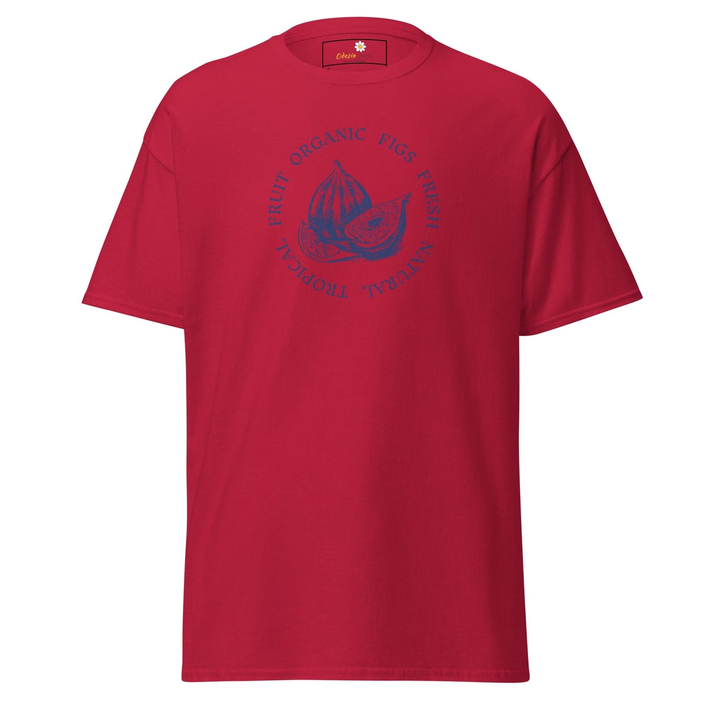 Red T-shirt with blue graphic, suitable for men and women, available in sizes S to XL