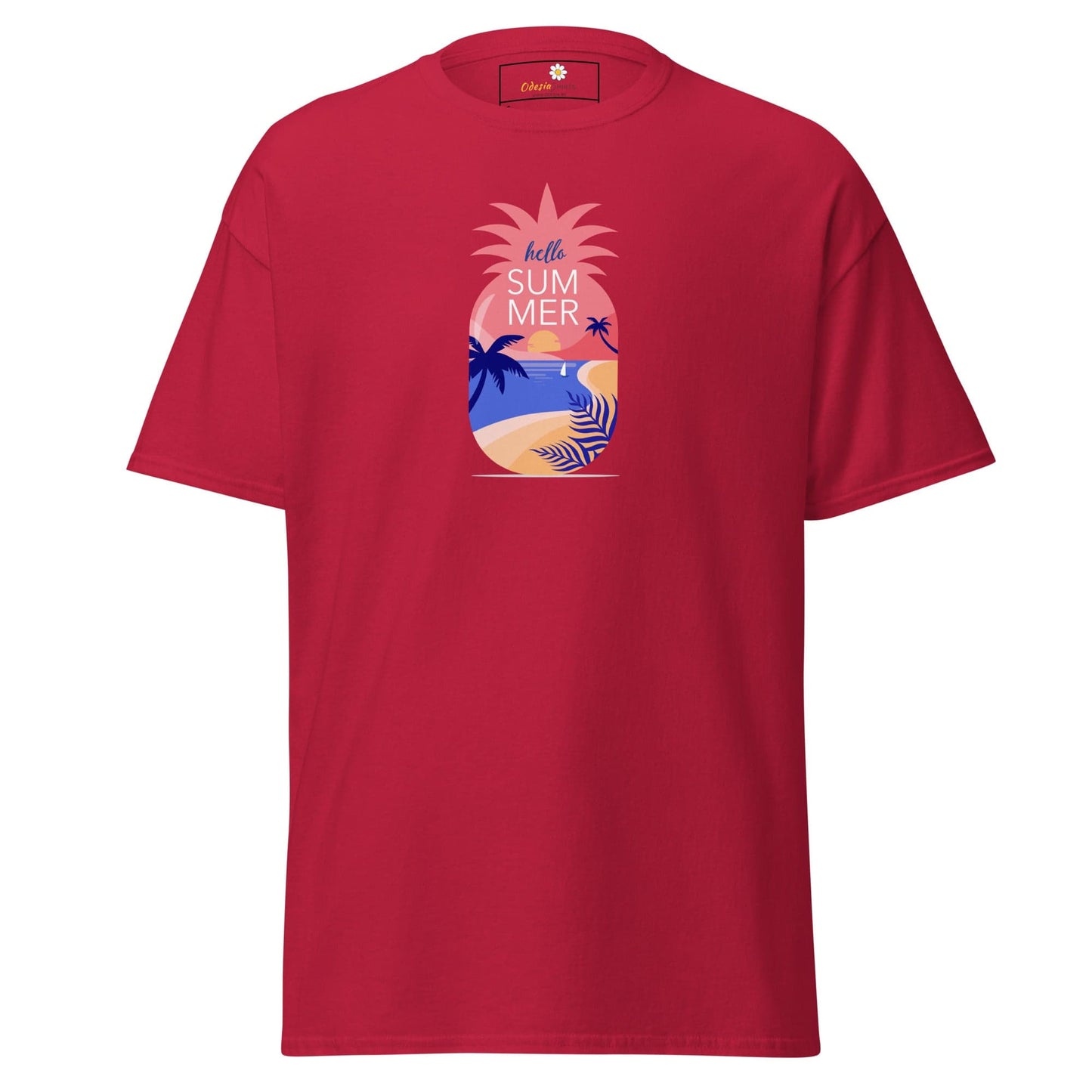 Red T-shirt with pineapple beach scene for men and women in sizes S to XL