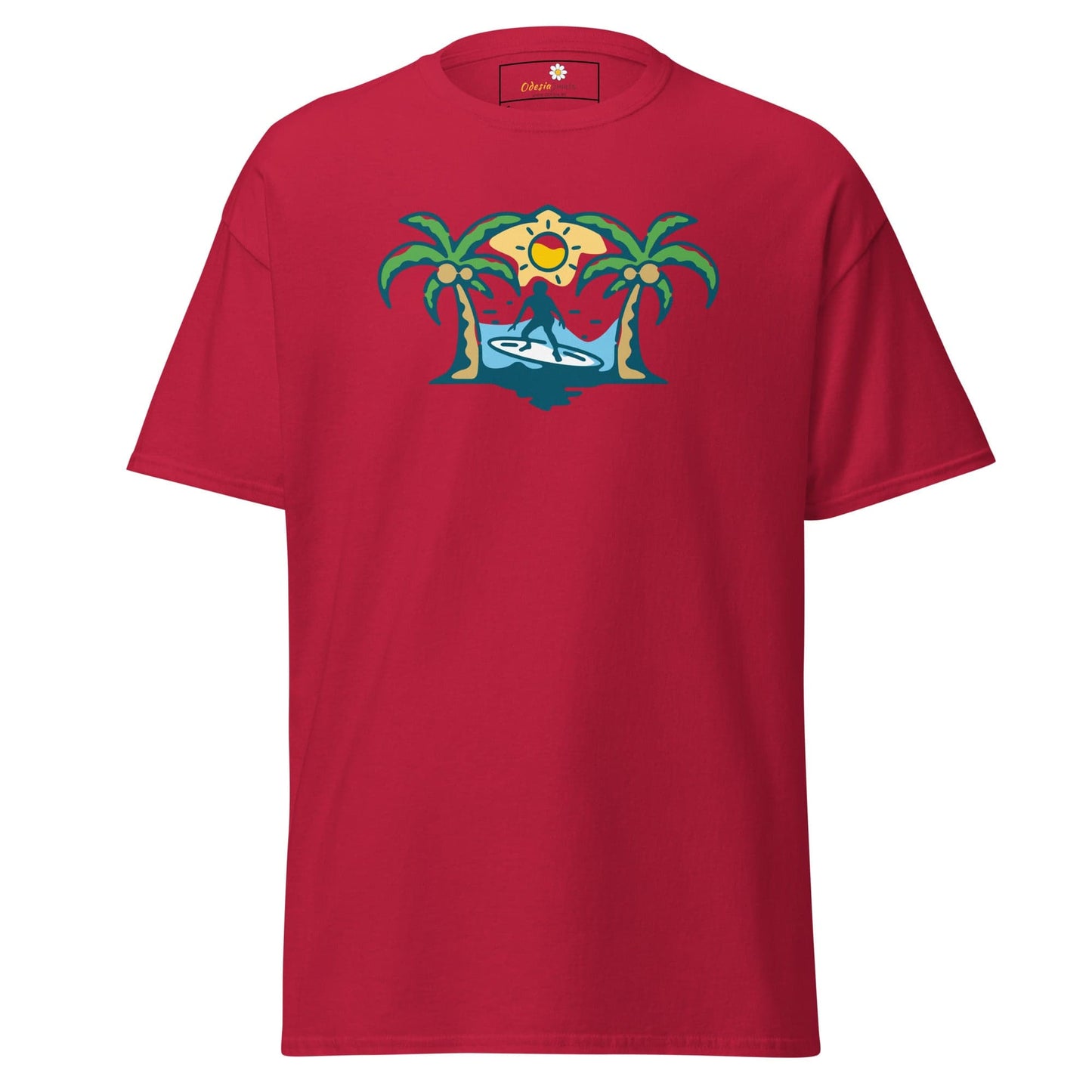 Red T-shirt with tropical surfing design suitable for men and women sizes S to XL