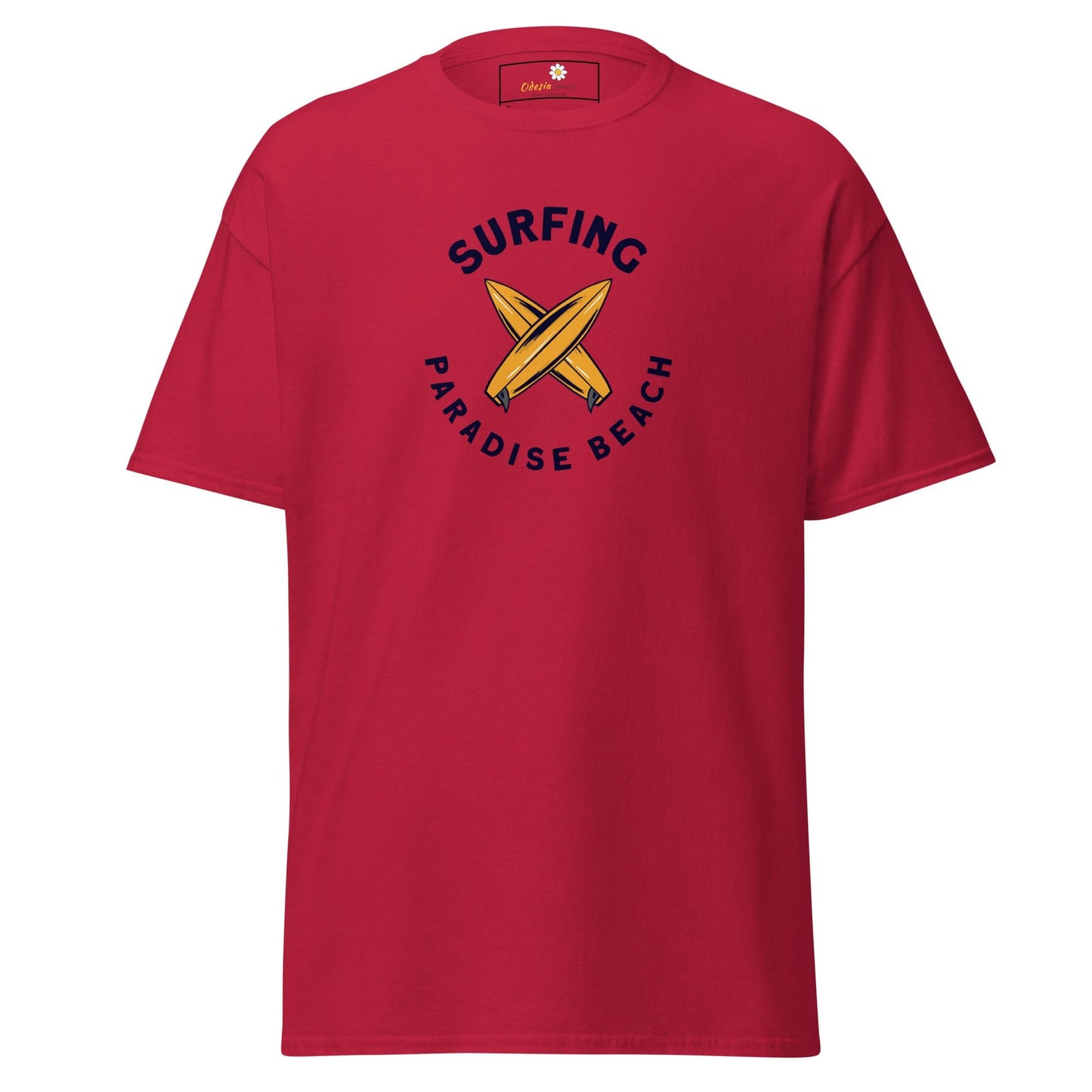 Red T-shirt with surfing design for Men and Women in sizes S to XL