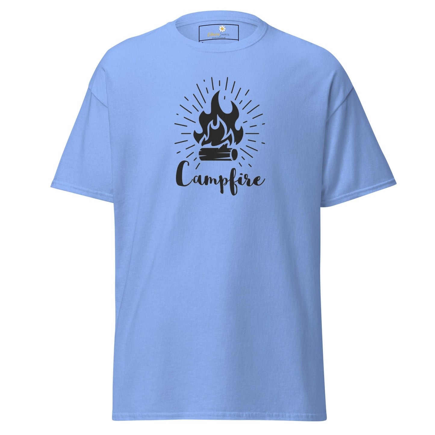 Light blue T-shirt with campfire graphic for men and women in sizes S to XL