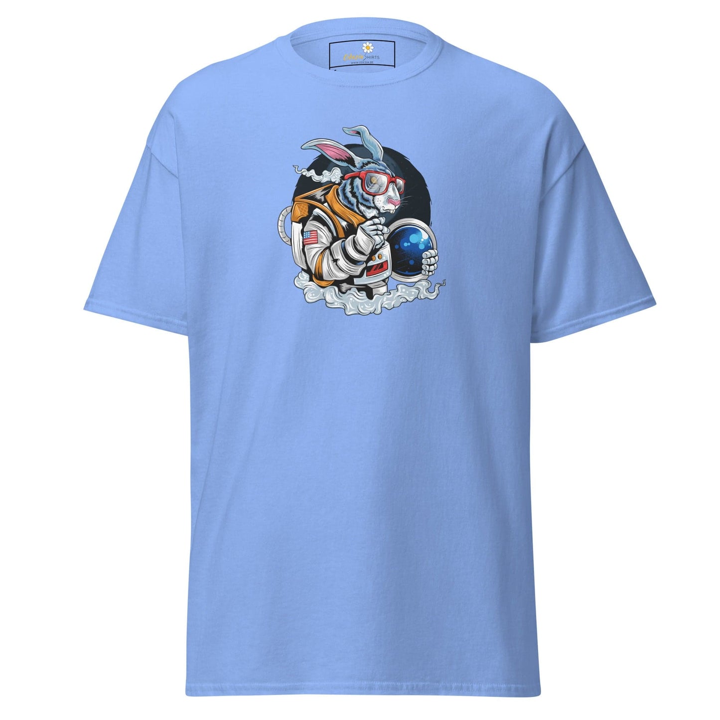 Light blue T-shirt with astronaut rabbit graphic for men and women, available in S-XL