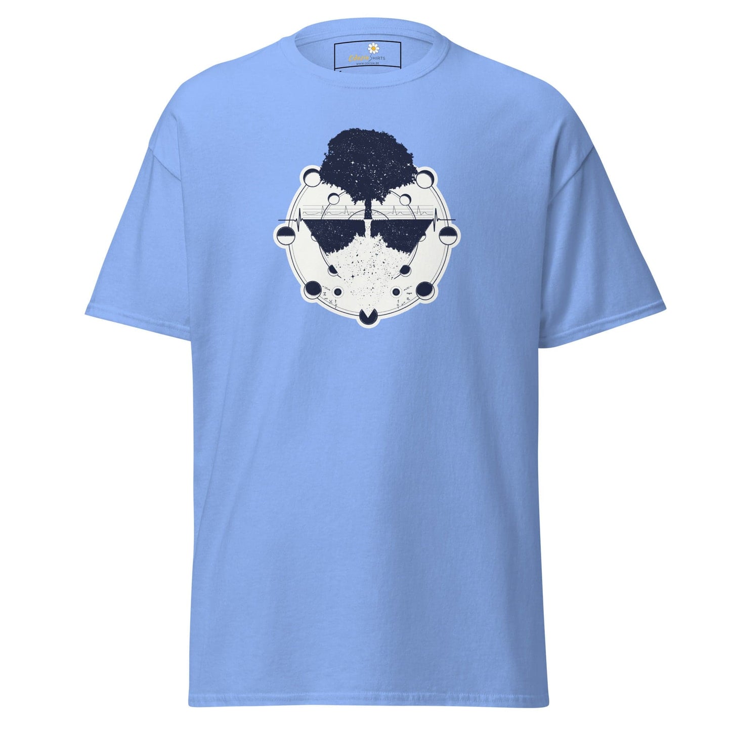 Light blue T-shirt with tree graphic for men and women available in sizes S to XL