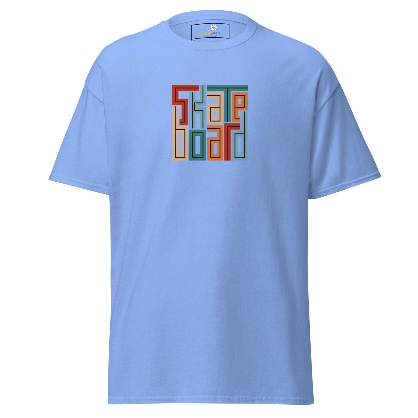 Light blue T-shirt with skateboard graphic for men and women in size S to XL