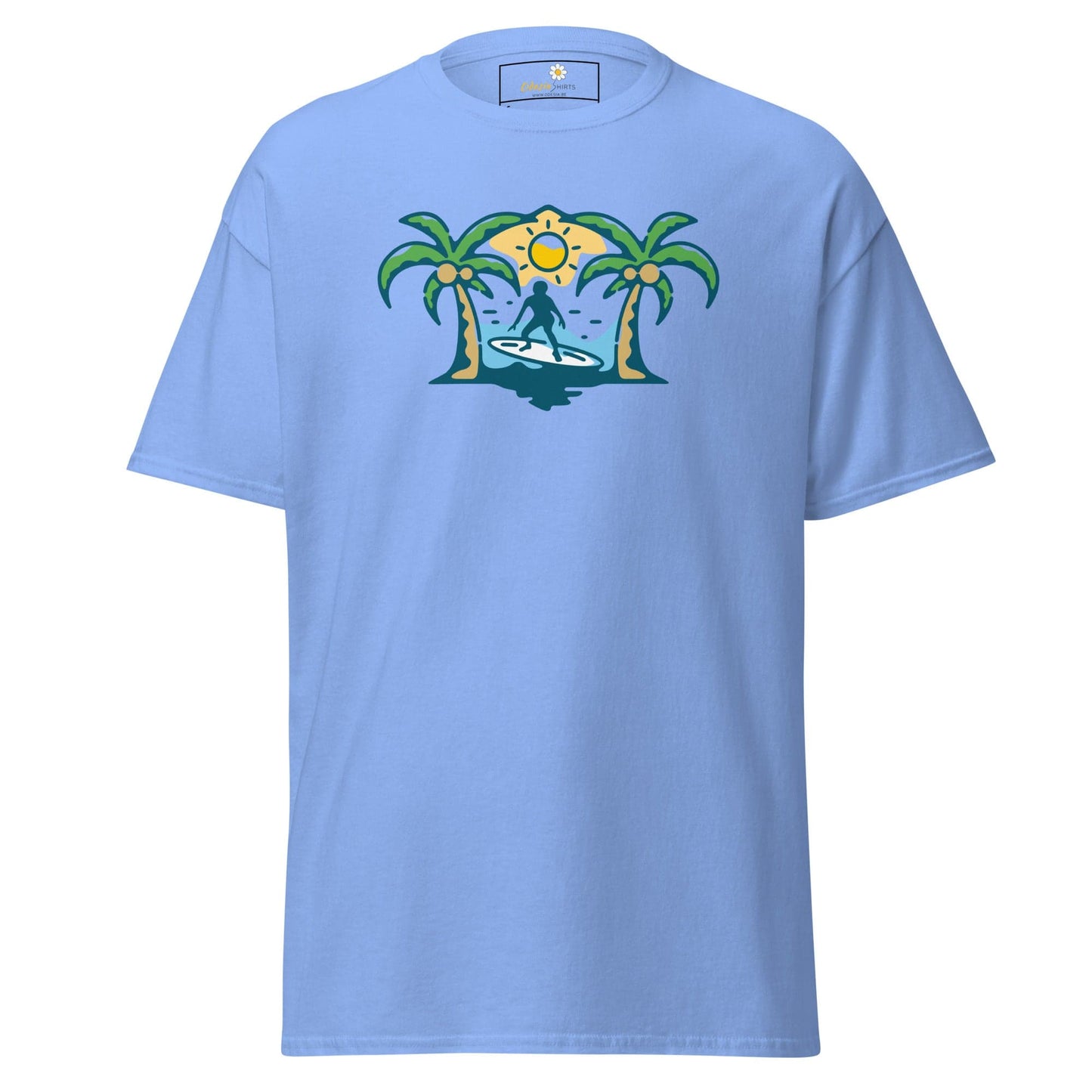 Light blue T-shirt with surfer graphic for men and women in sizes S to XL