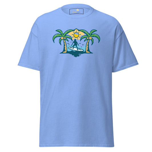Light blue T-shirt with surfer graphic for men and women in sizes S to XL