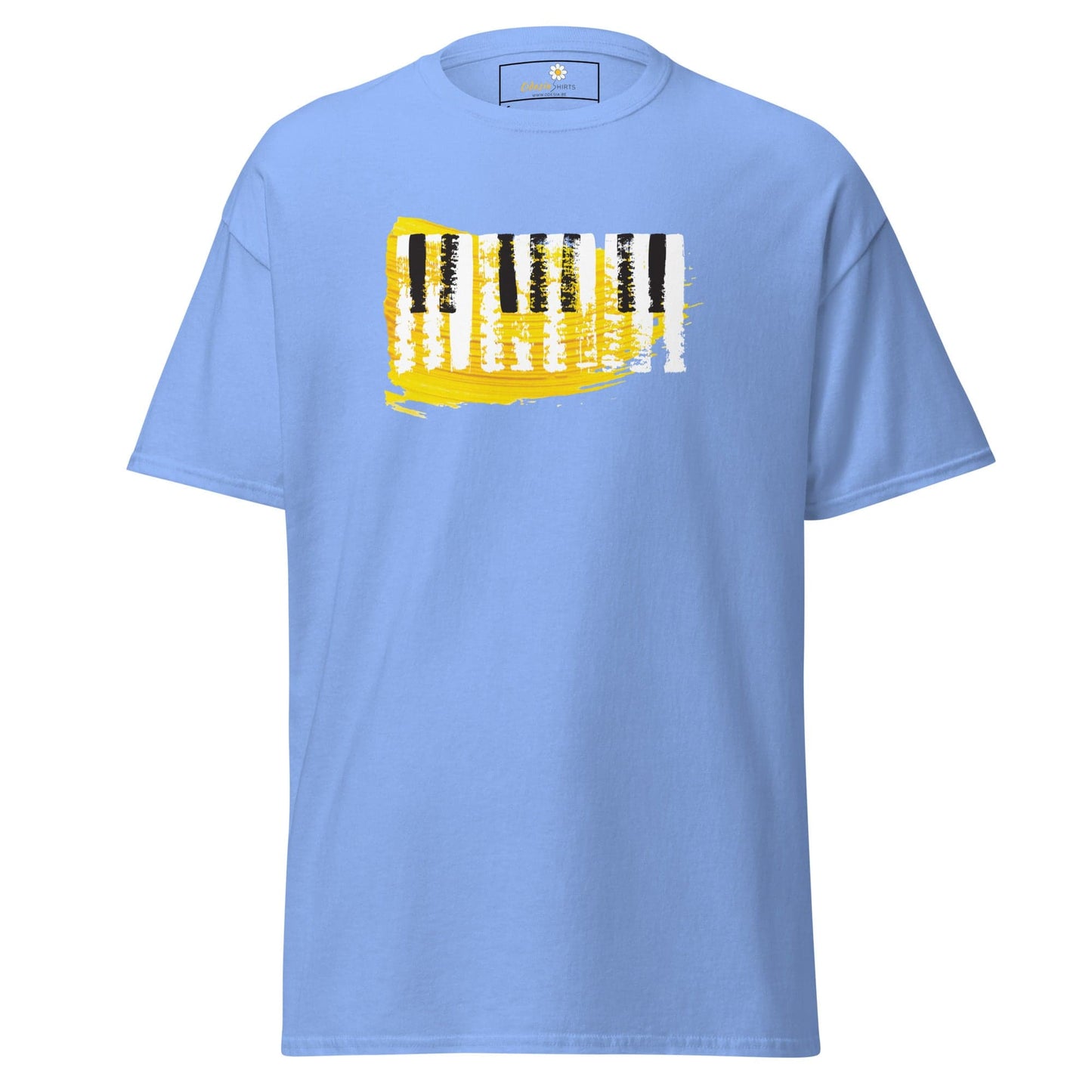 Light blue T-shirt with a piano key design for men and women in sizes S to XL