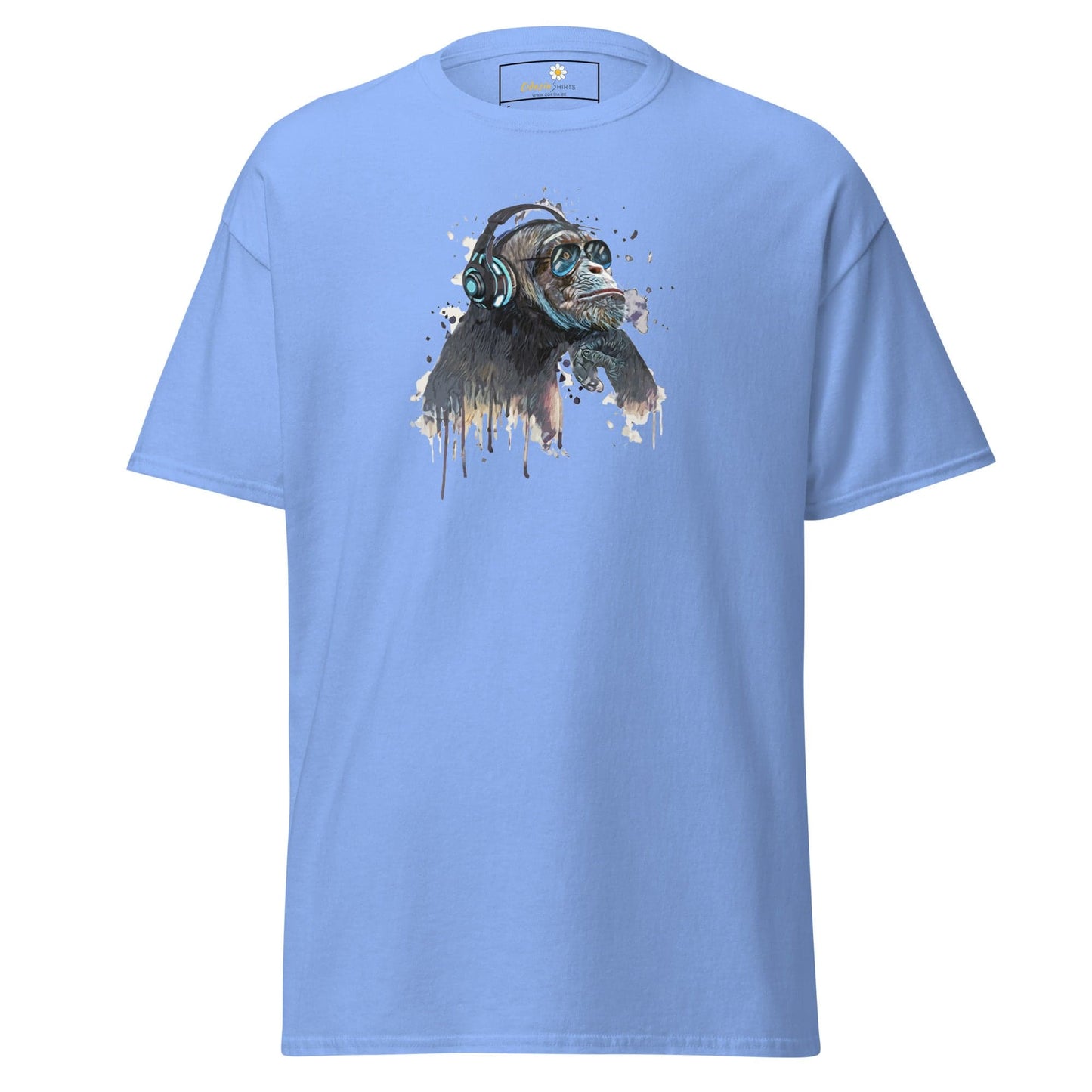 Light blue T-shirt featuring a chimpanzee with headphones and sunglasses for men and women