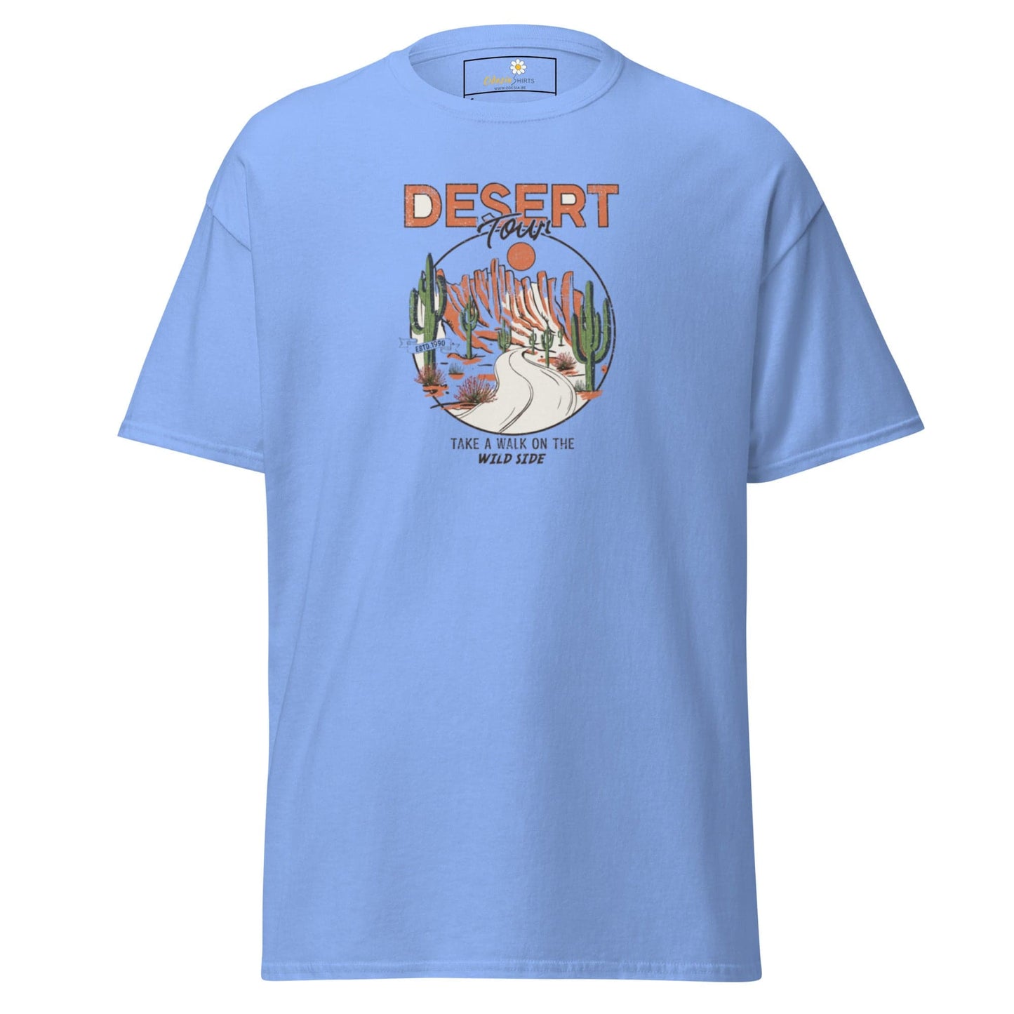 Light blue T-shirt featuring a desert graphic for men and women in sizes S to XL