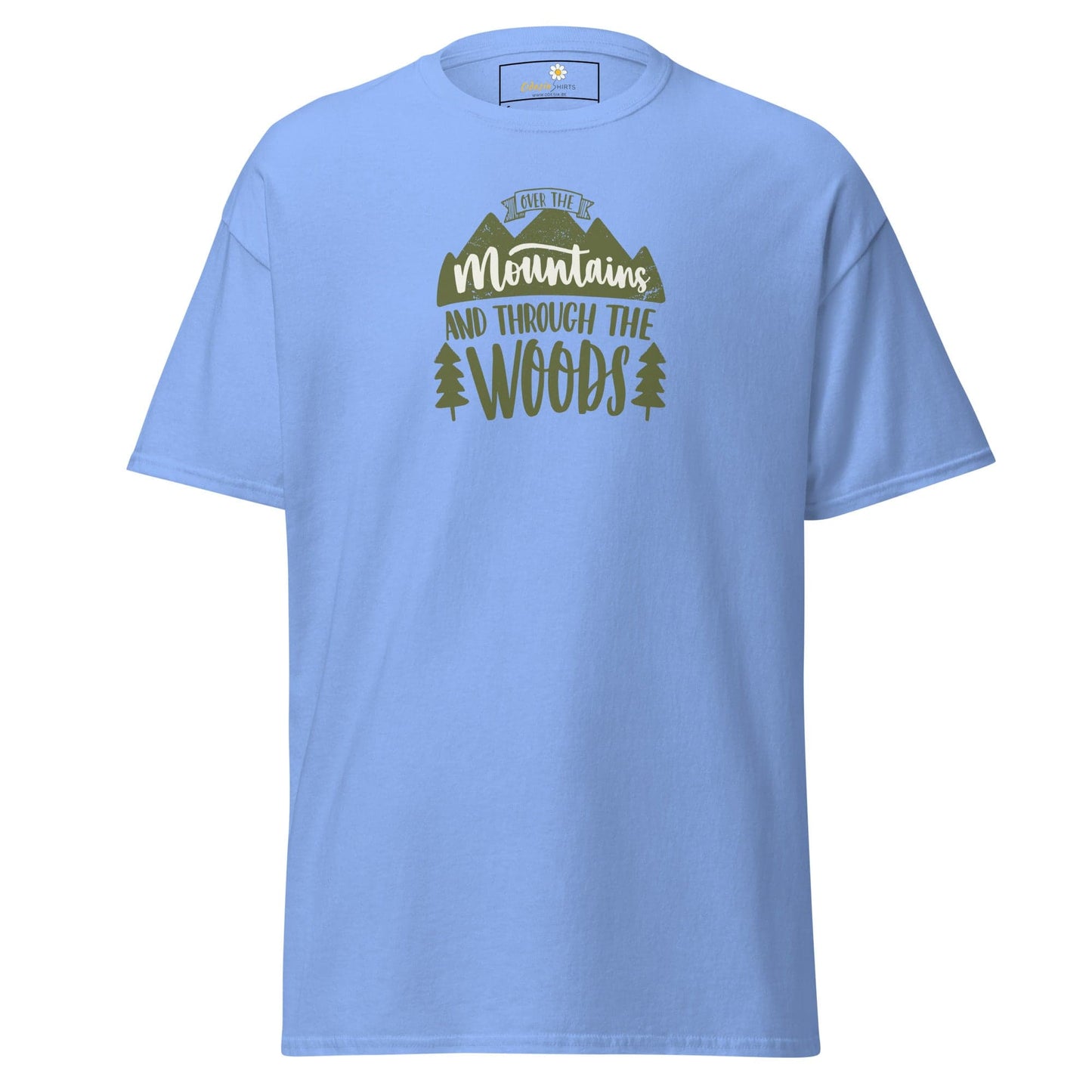 Light blue T-shirt with mountain and woods graphic for men and women available in S to XL