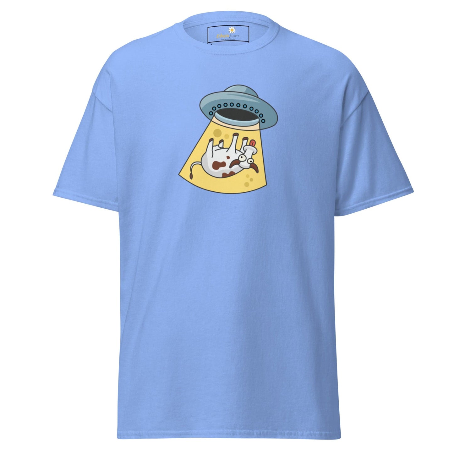 Light blue T-shirt with alien abduction graphic for men and women, available in sizes S to XL