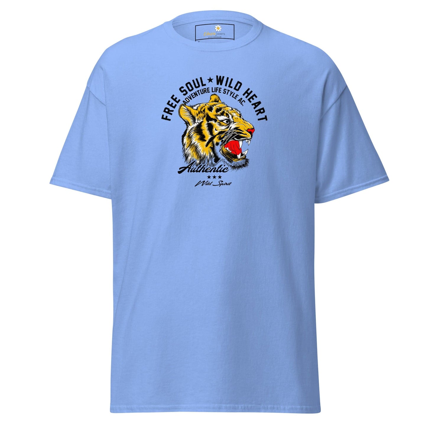 Light blue T-shirt with a tiger graphic for men and women in sizes S to XL