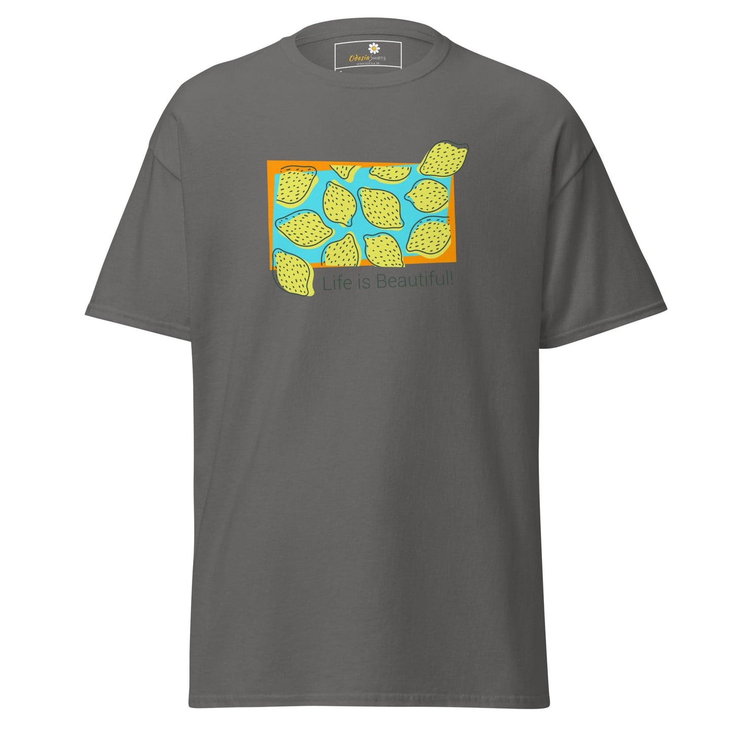 Gray T-shirt with lemon graphic from T-SHIRT DESIGN TEE for Men and Women, available in sizes S to XL