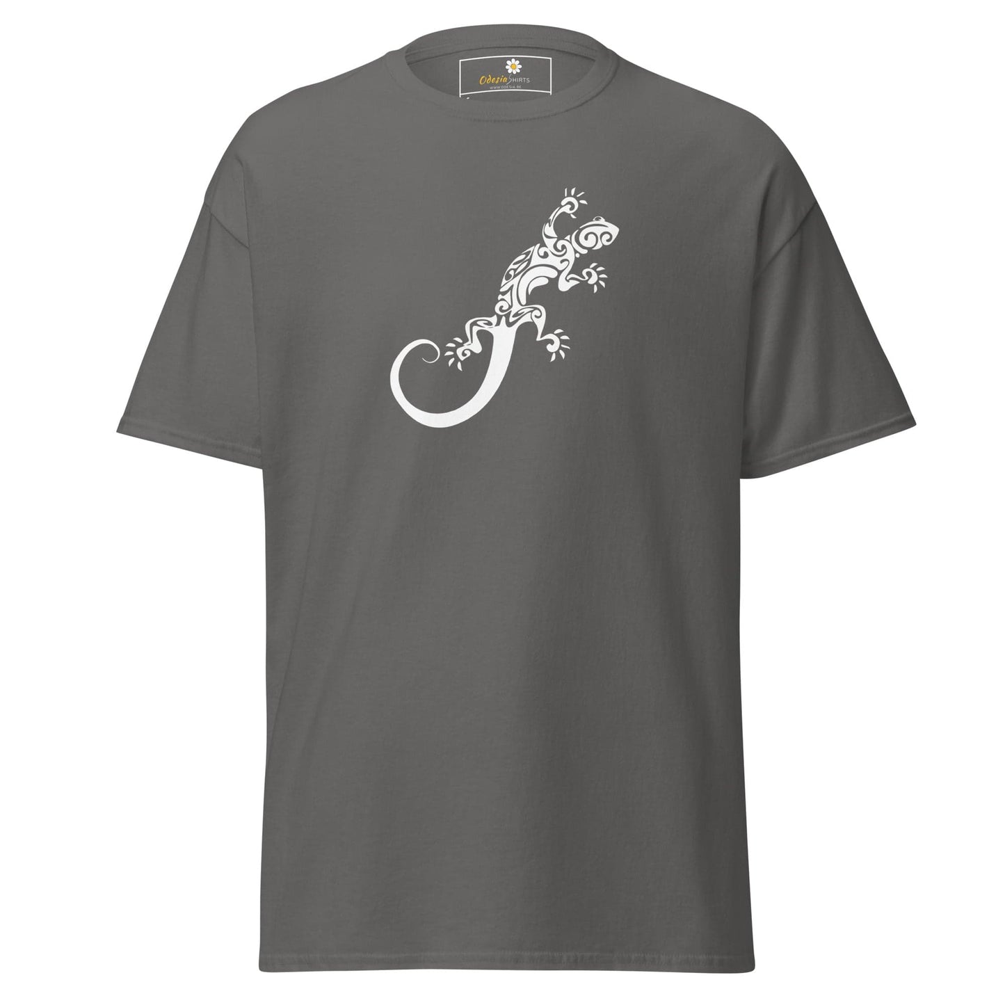 Gray T-shirt with white lizard design for men and women, available in sizes S to XL
