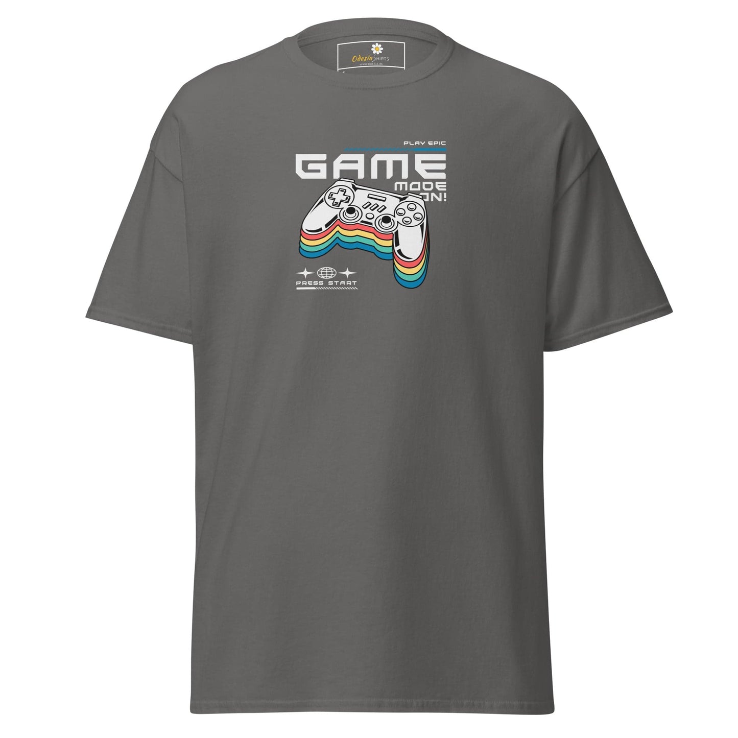 Gray T-shirt with gaming controller graphic for Men and Women, available in sizes S to XL