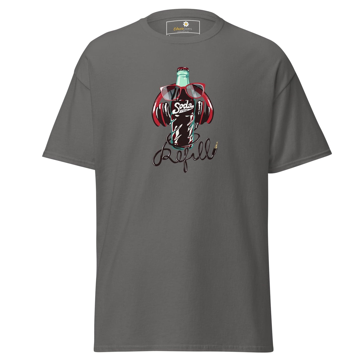Gray T-shirt with soda bottle graphic, available in S to XL for men and women