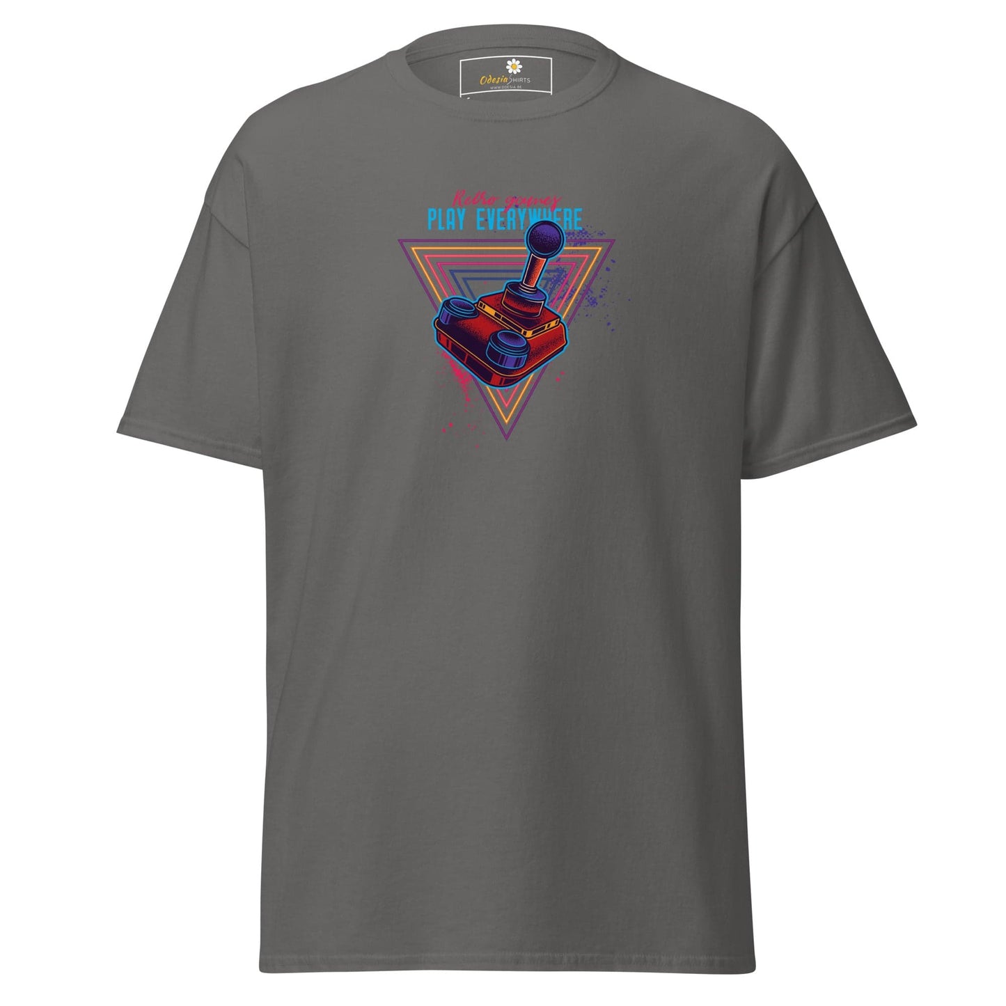 Gray T-shirt with retro gaming design for men and women in S to XL sizes