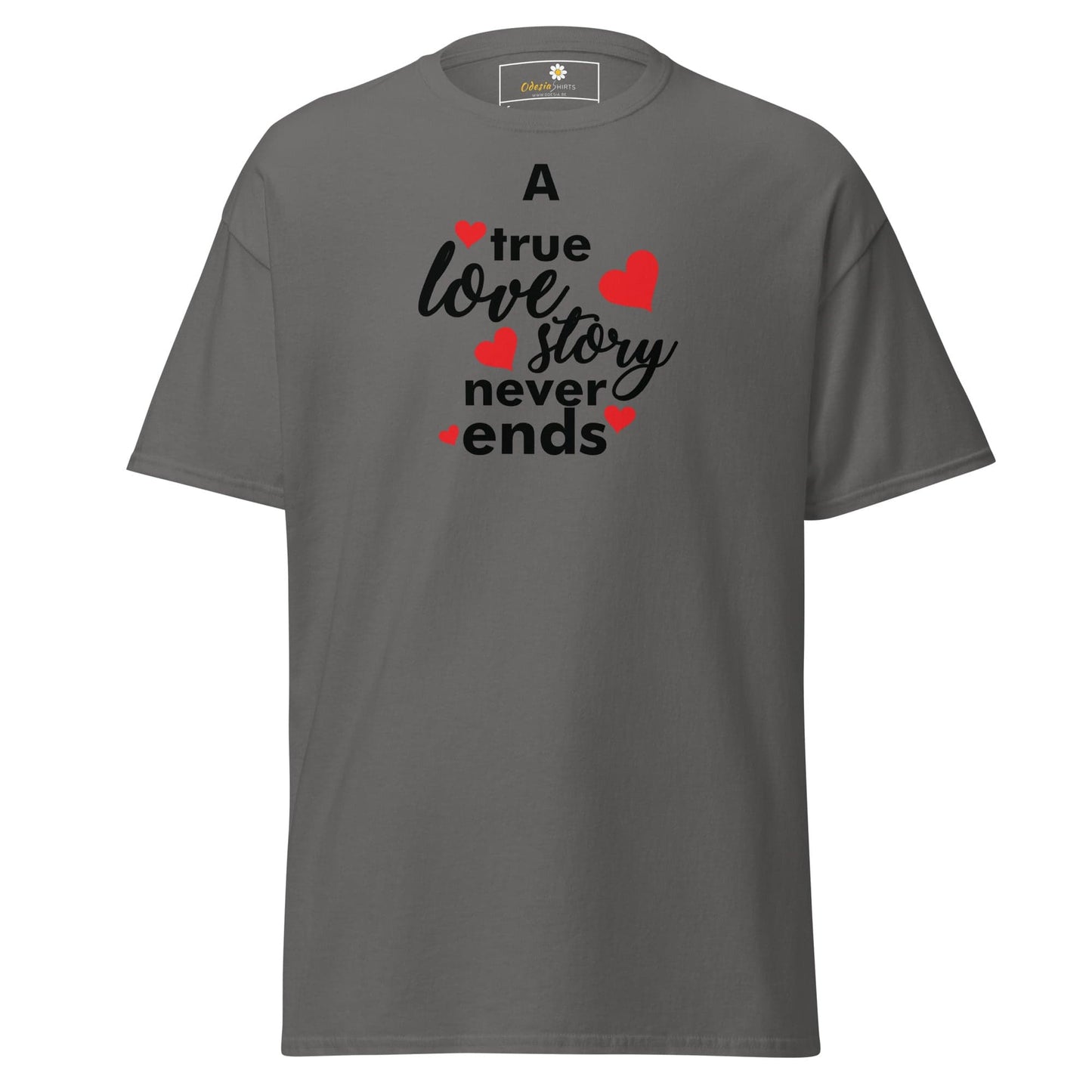 Gray T-shirt with love story graphic for Men and Women, available in Sizes S to XL