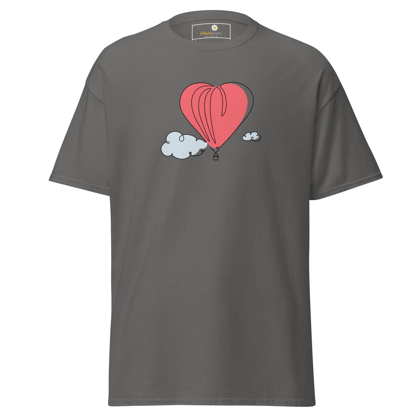 Gray T-shirt featuring heart-shaped balloon graphic for men and women in sizes S to XL