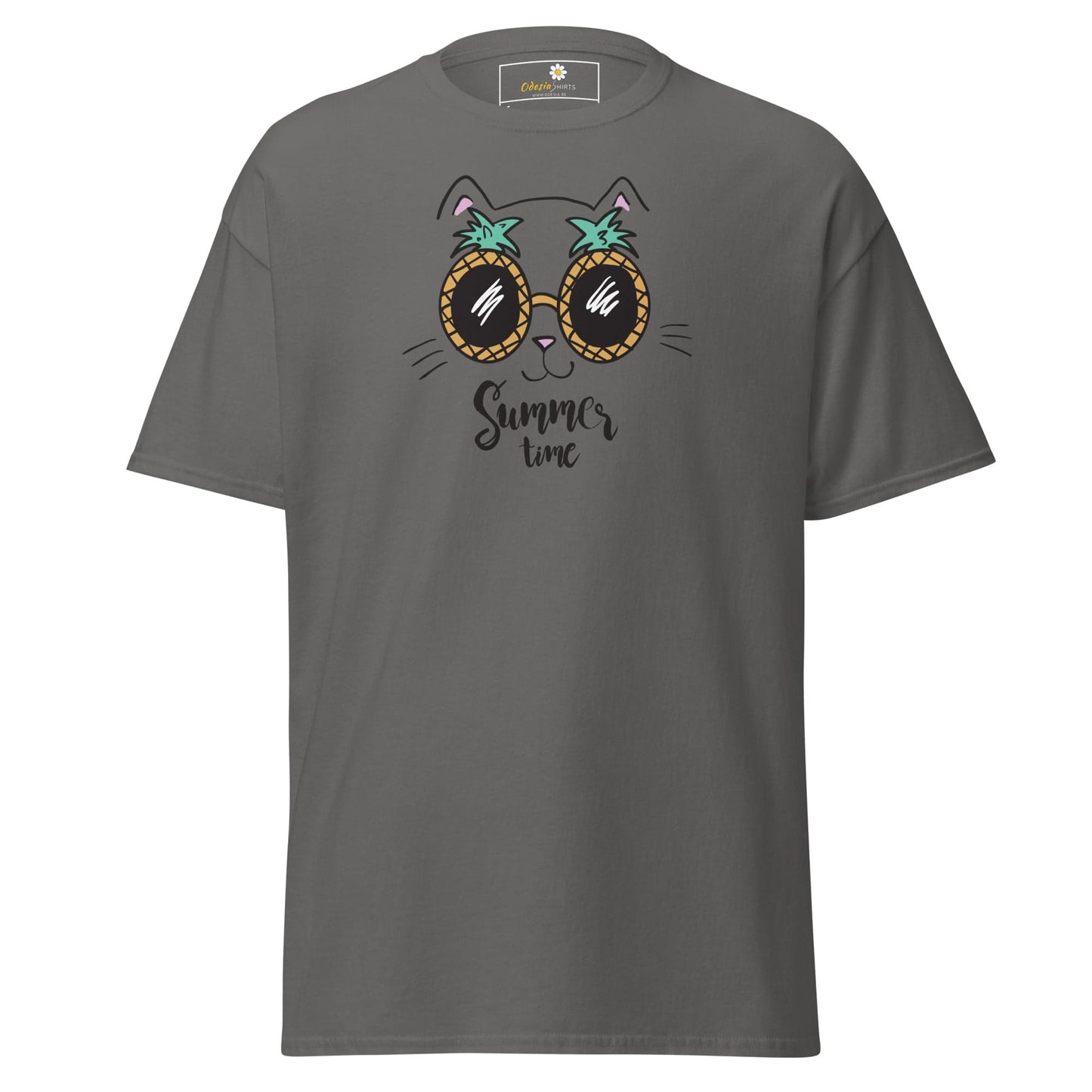 Gray T-shirt featuring a cat wearing pineapple sunglasses for men and women sizes S to XL
