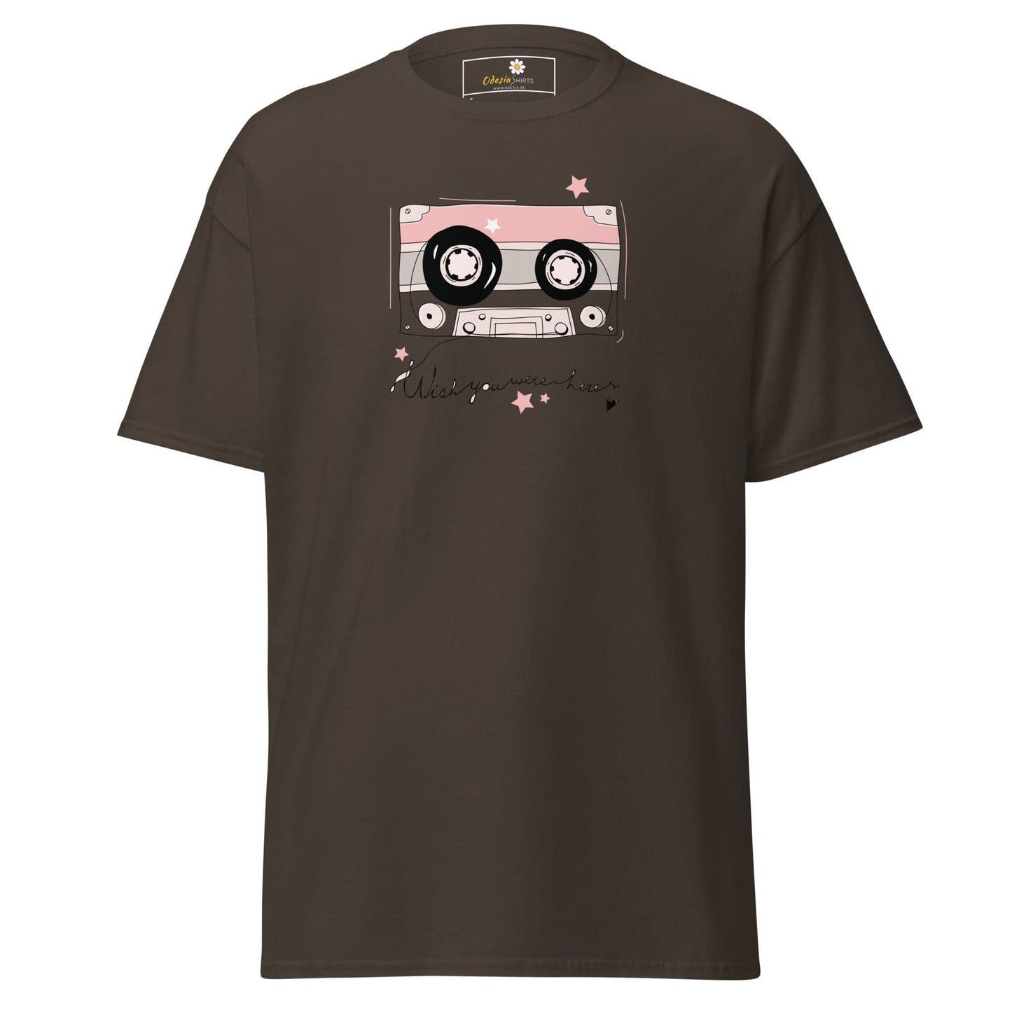 Brown T-shirt with cassette tape graphic for Men and Women in sizes S to XL