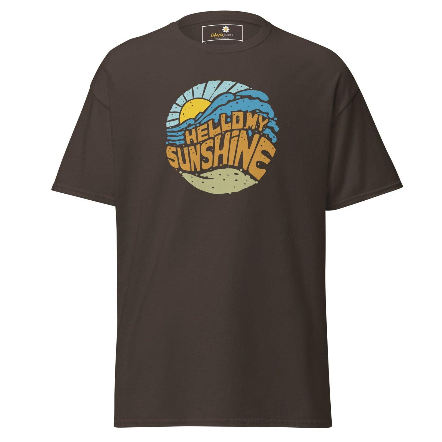 Brown T-shirt with beach graphic, suitable for men and women, available in sizes S to XL