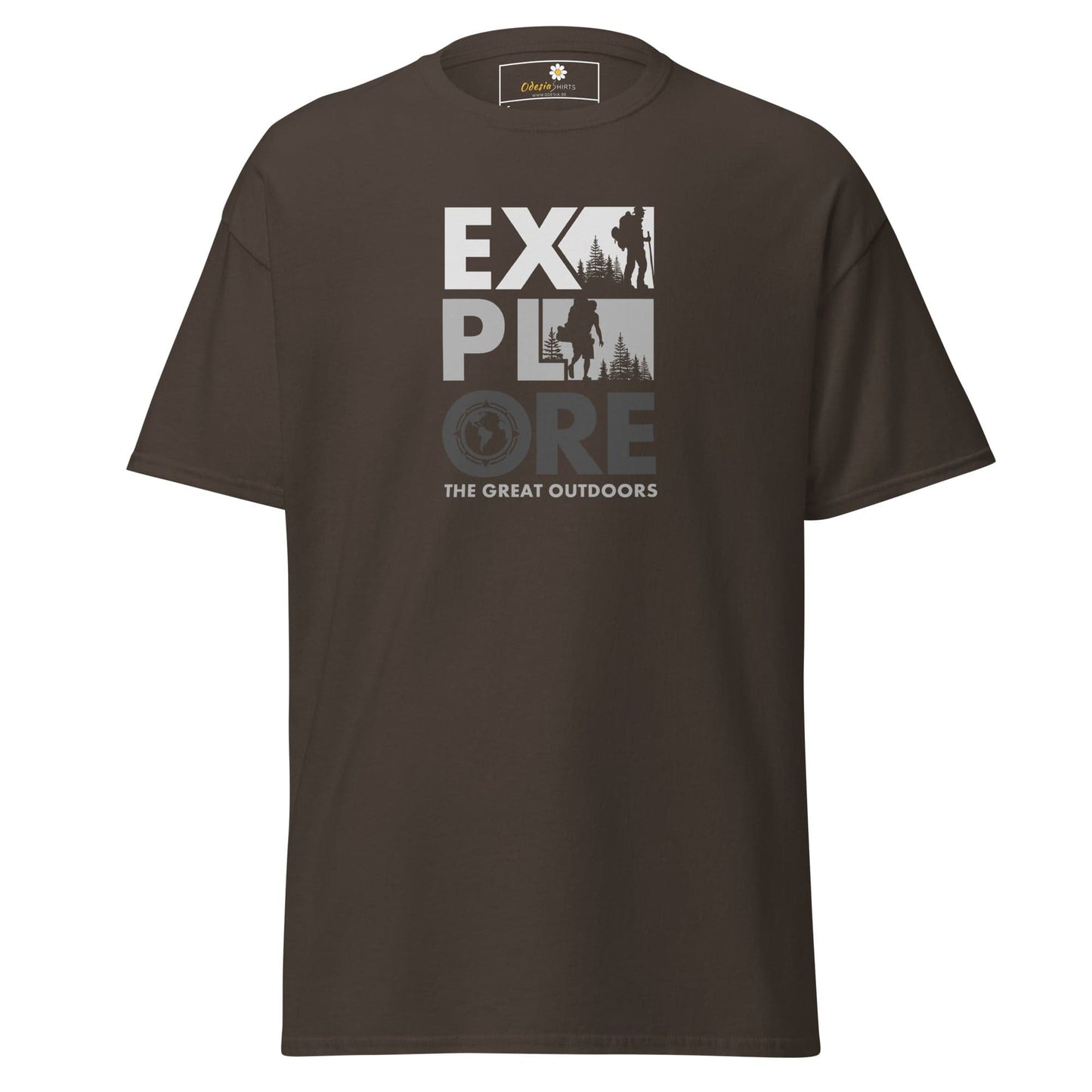 Brown T-shirt with Explore the Great Outdoors graphic for Men and Women in S to XL sizes