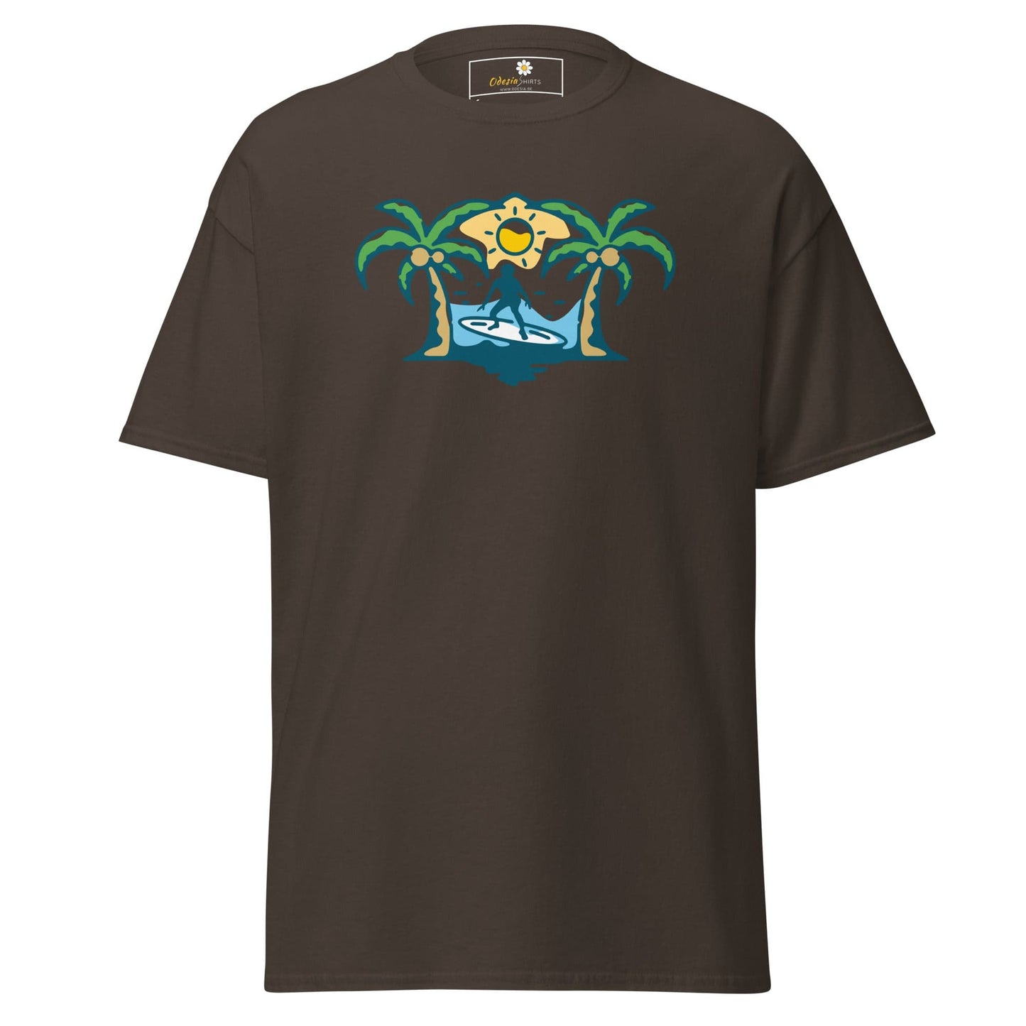 Brown T-shirt with tropical graphic design, suitable for men and women sizes S to XL