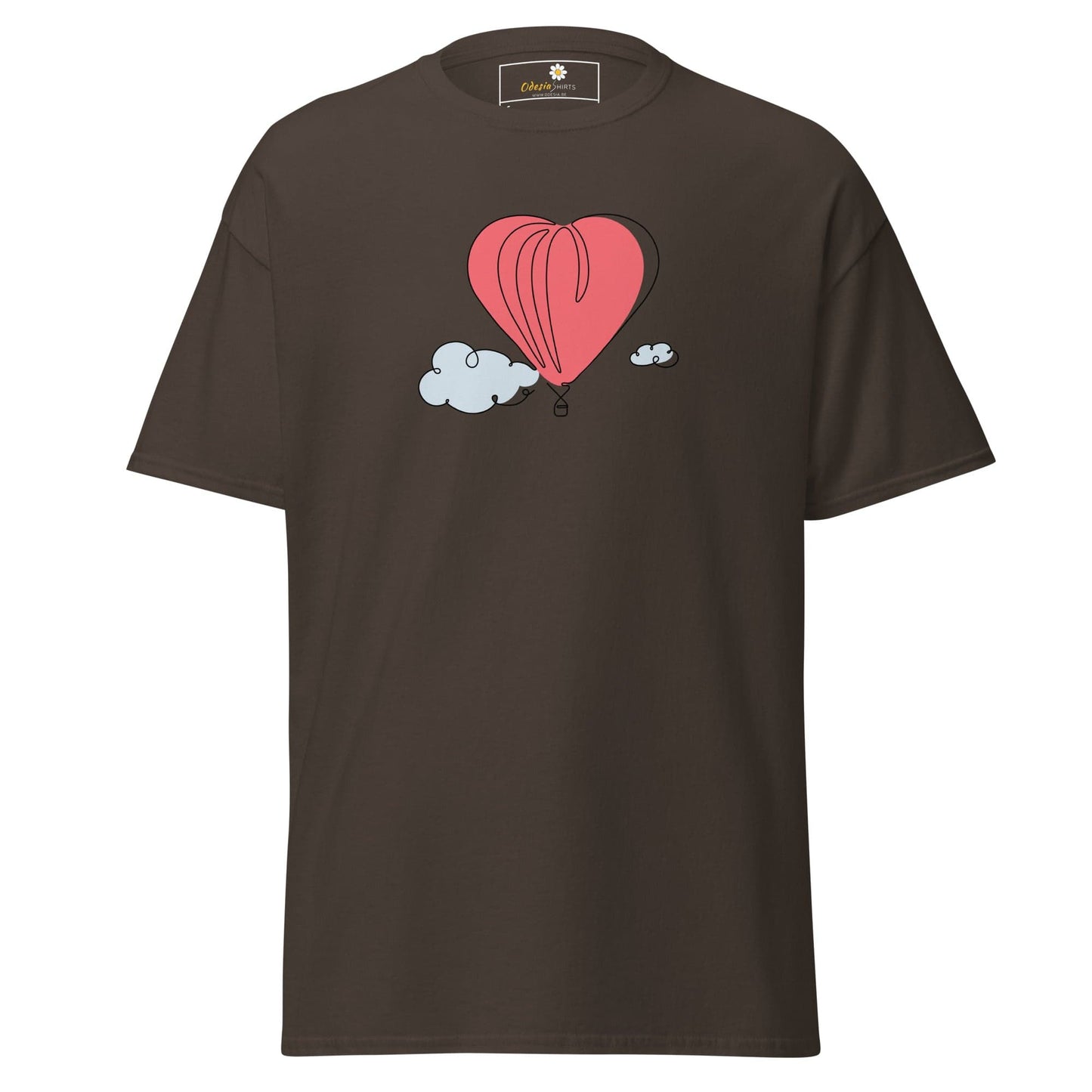 Brown T-shirt with heart balloon graphic for Men and Women in sizes S to XL