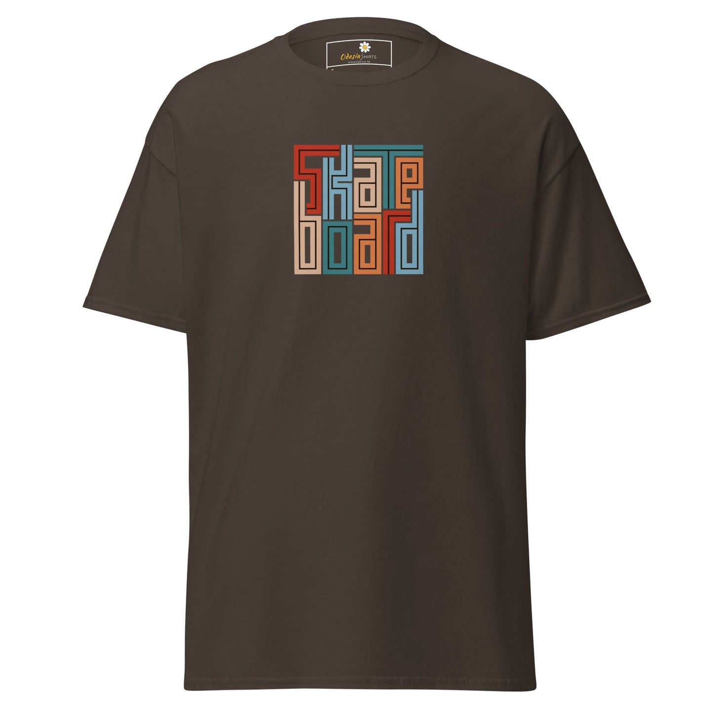 Brown T-shirt with colorful graphic design for men and women in sizes S to XL