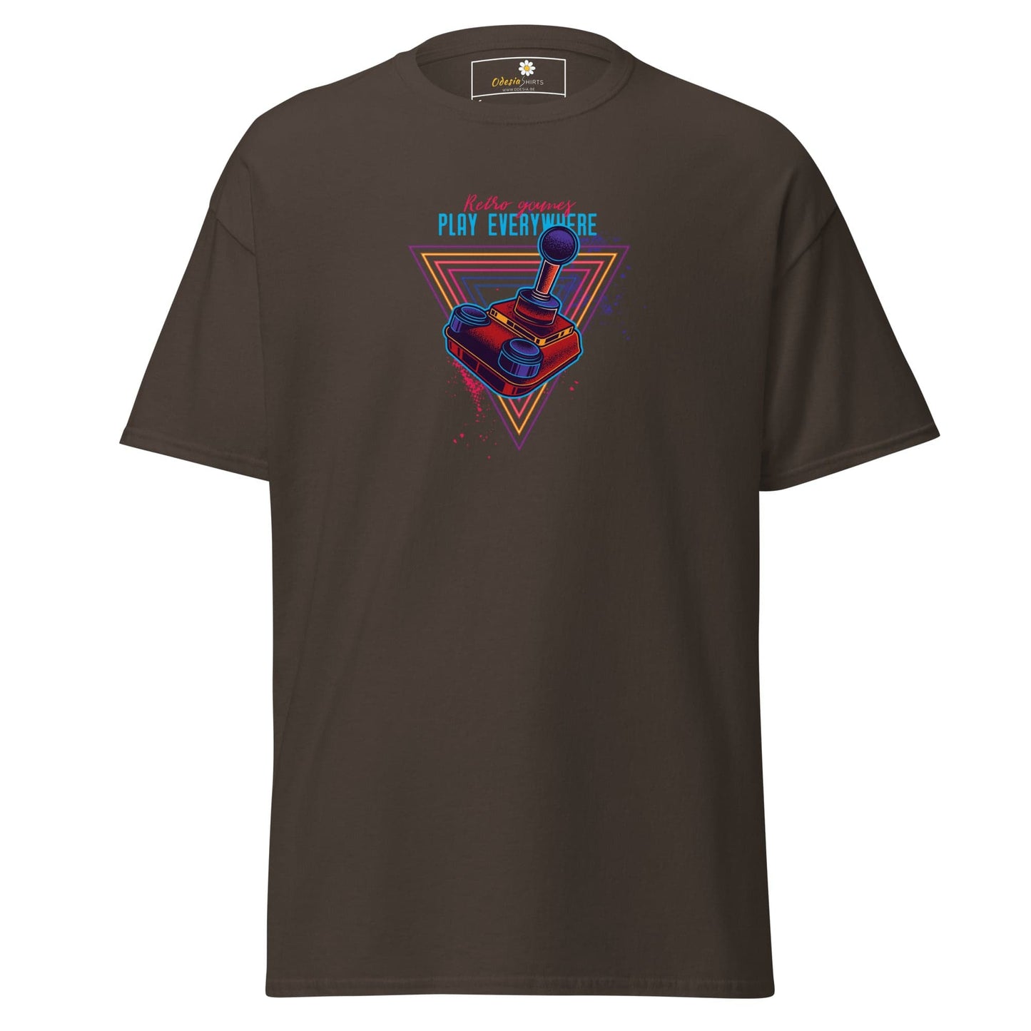 Brown T-shirt with retro gaming controller design for men and women in S to XL sizes