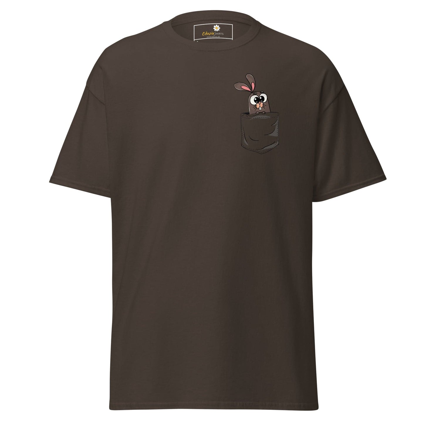 Brown T-shirt with bunny pocket graphic for men and women in sizes S to XL