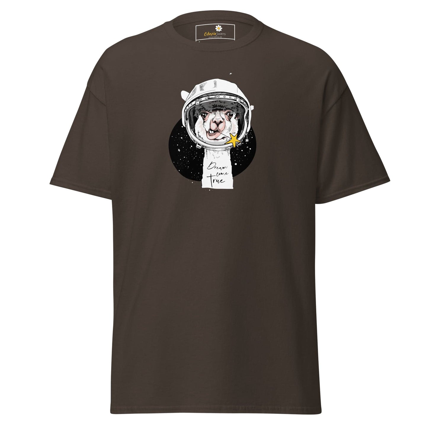 Brown T-shirt with astronaut llama graphic, suitable for Men and Women, sizes S to XL
