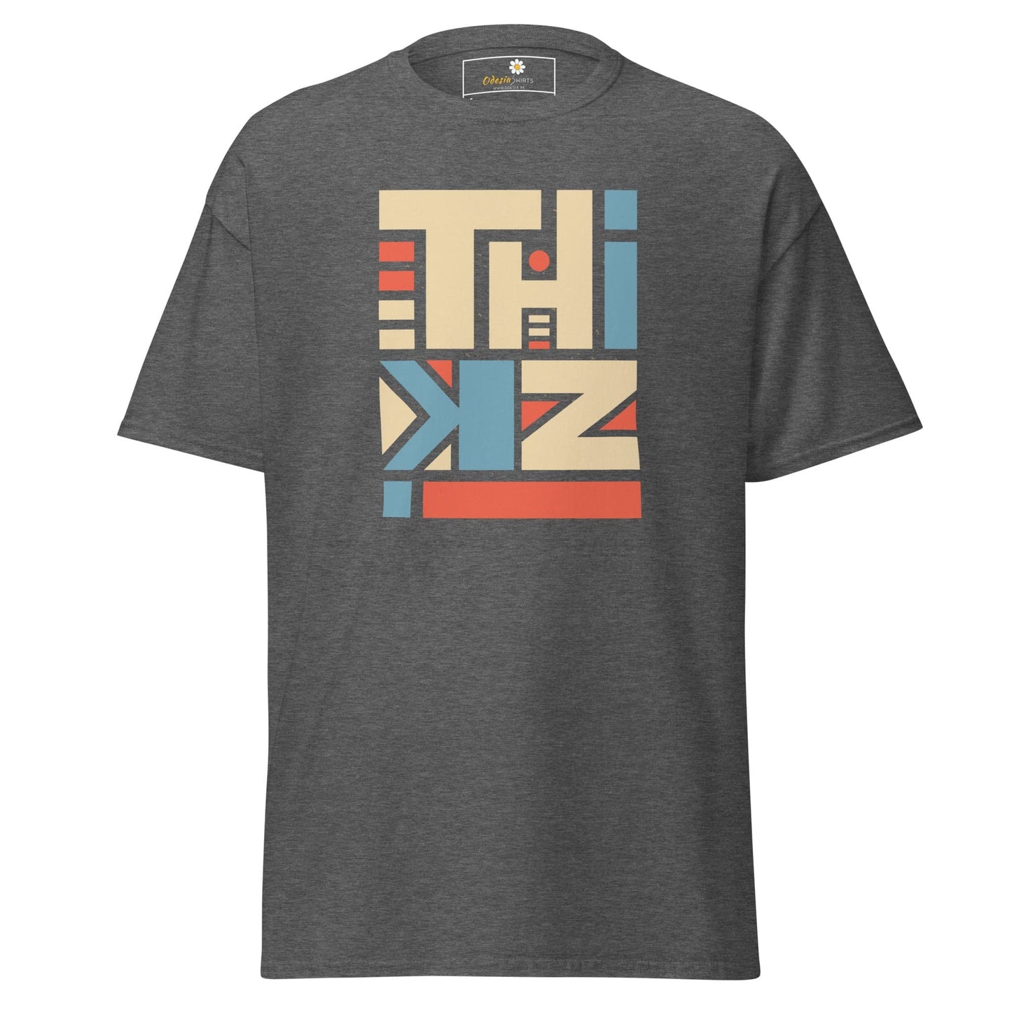 Gray T-shirt featuring a colorful graphic design for men and women in sizes S to XL