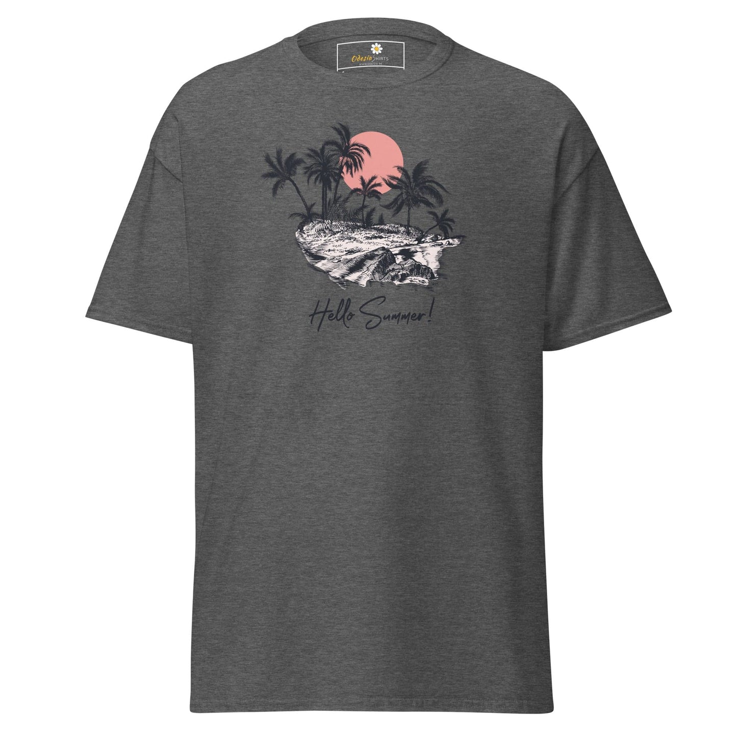 Gray T-shirt with tropical island graphic for men and women, available in sizes S to XL