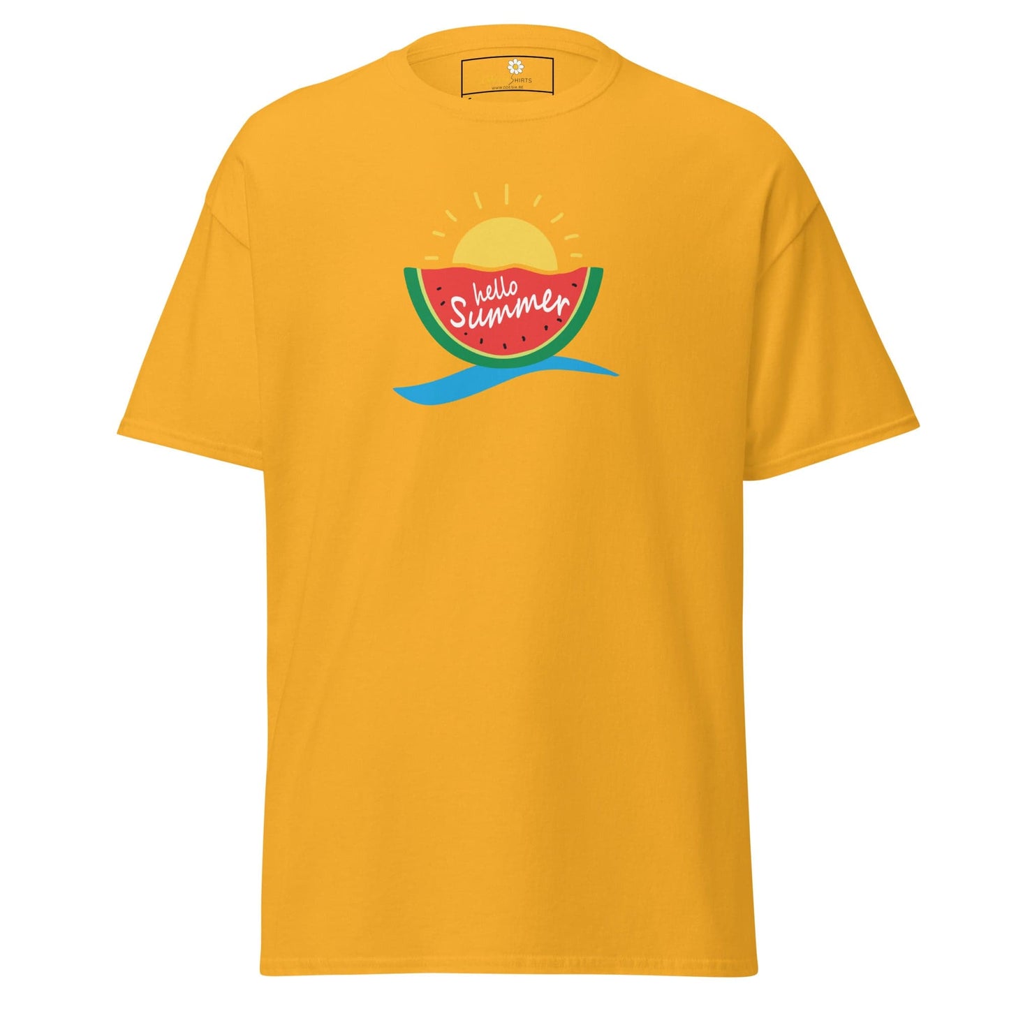 Yellow T-shirt featuring a summer graphic for men and women in sizes S to XL