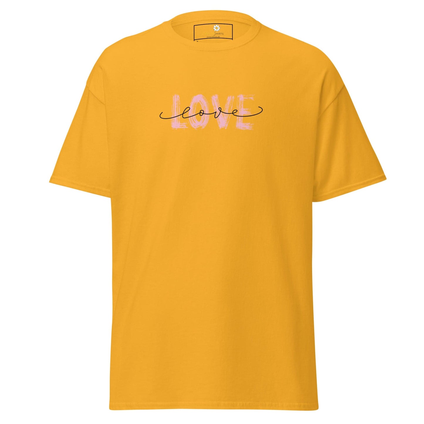 Mustard-colored T-shirt featuring a love graphic for Men and Women in sizes S to XL