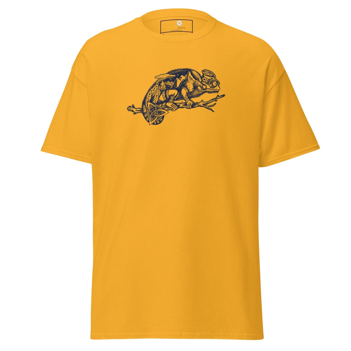 Yellow T-shirt with chameleon graphic for men and women in sizes S to XL