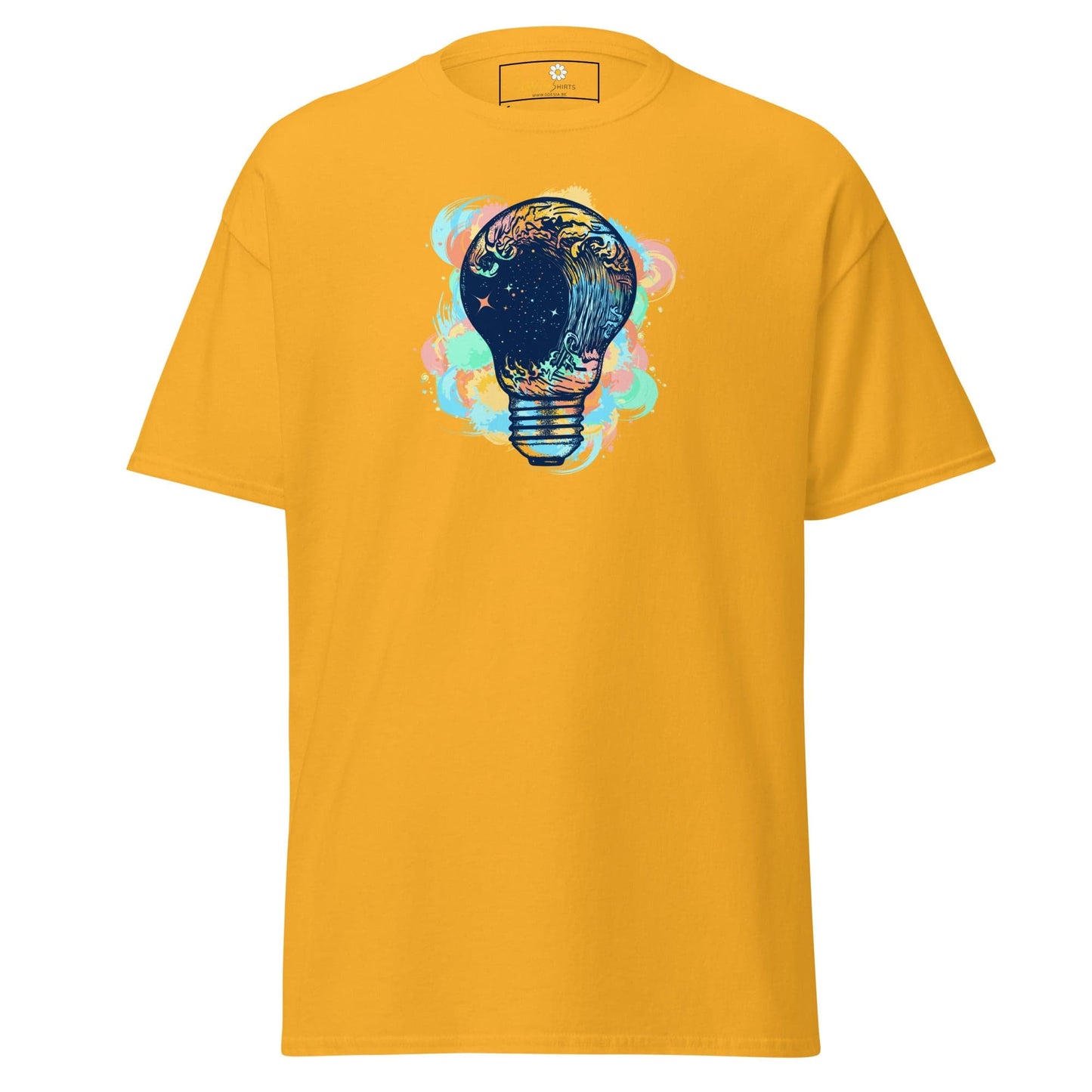 Yellow T-shirt with lightbulb graphic for Men and Women, sizes S to XL