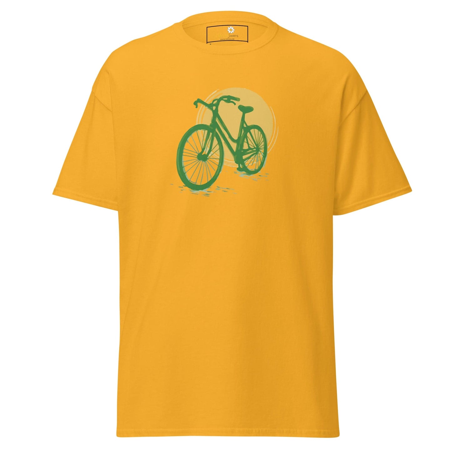 Yellow T-shirt with green bicycle graphic, suitable for men and women sizes S to XL