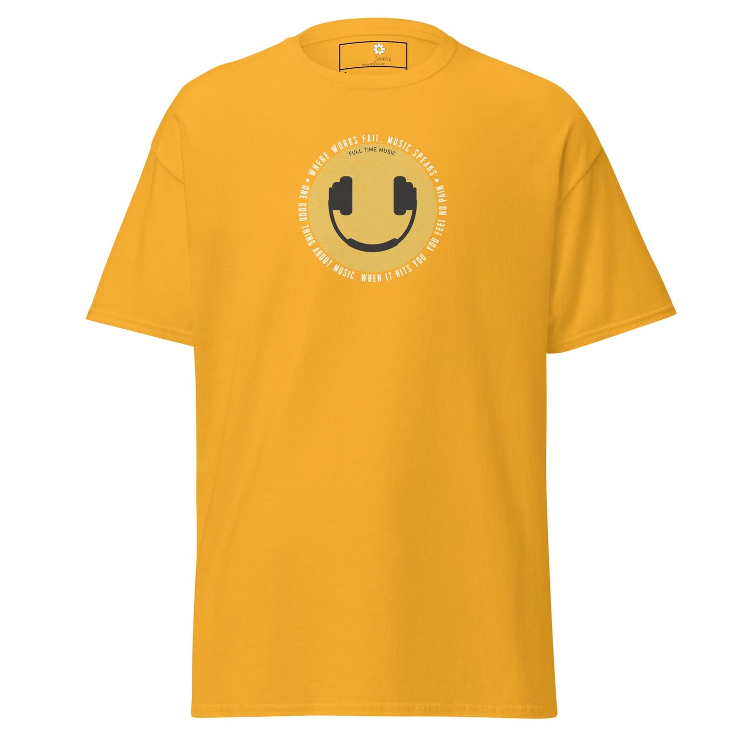 Yellow T-Shirt with a smiley face and headphones for men and women in size S to XL
