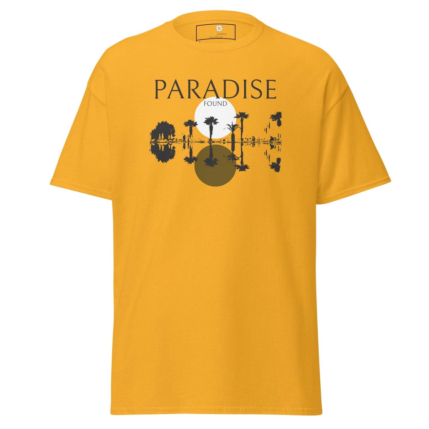 Yellow T-shirt with tropical graphic for Men and Women, available in sizes S to XL