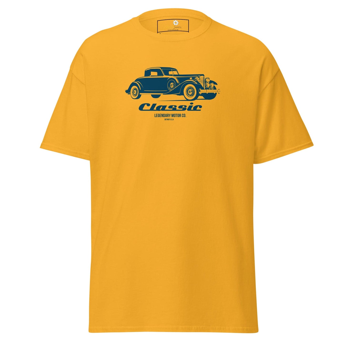 Yellow T-shirt featuring a classic car graphic for men and women in sizes S to XL