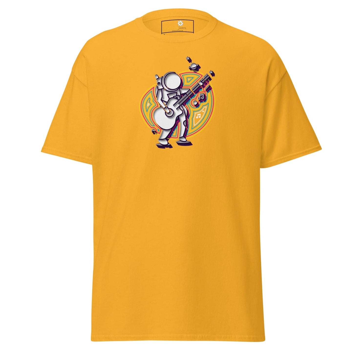 Yellow T-shirt with astronaut playing guitar graphic for men and women sizes S to XL