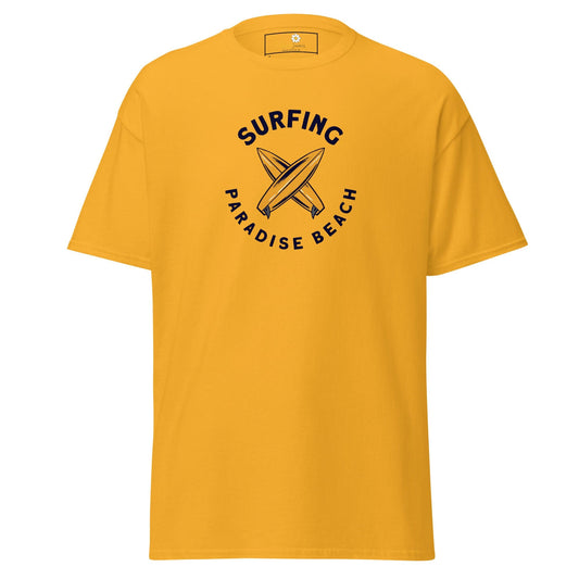 Yellow T-shirt with surfing design for men and women in sizes S to XL
