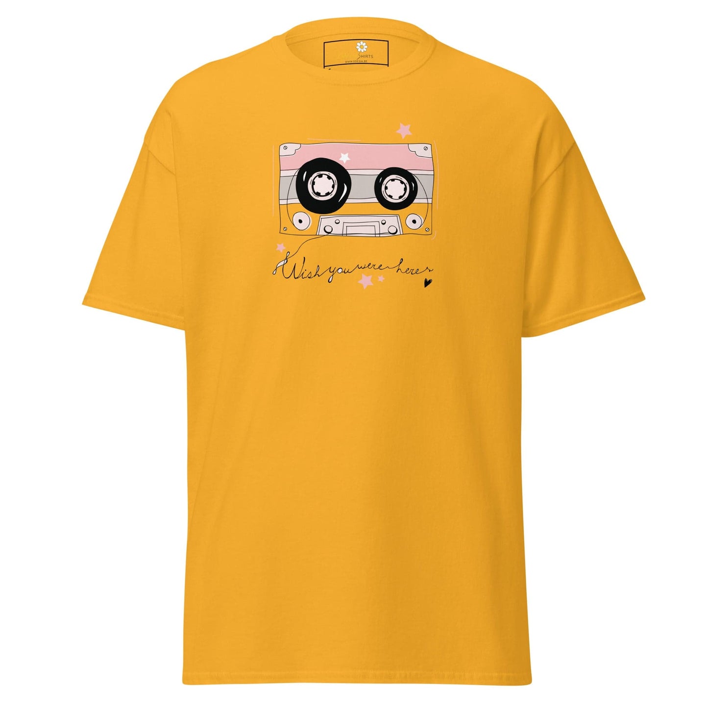 Yellow T-shirt with cassette tape design, suitable for men and women sizes S to XL