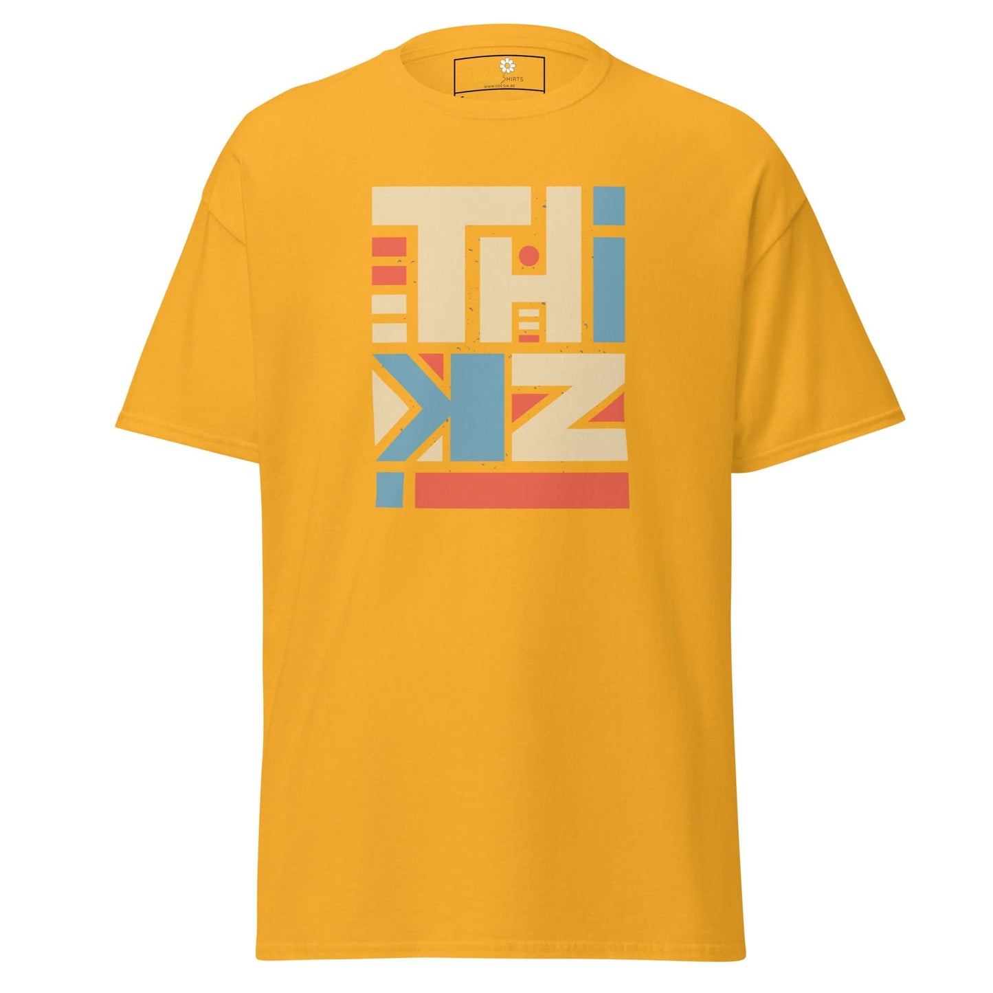 Yellow T-shirt with THINK graphic, available in S to XL for men and women