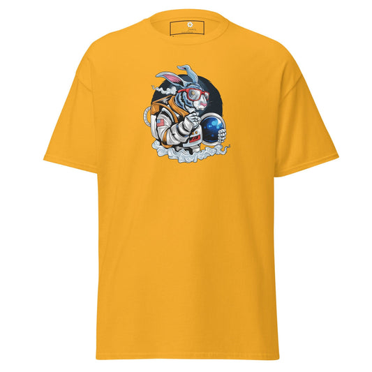 Yellow T-shirt featuring an astronaut rabbit graphic for men and women in S to XL sizes